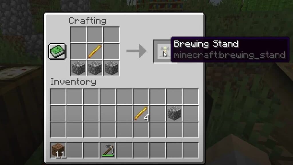 Crafting recipe for a brewing stand in Minecraft.