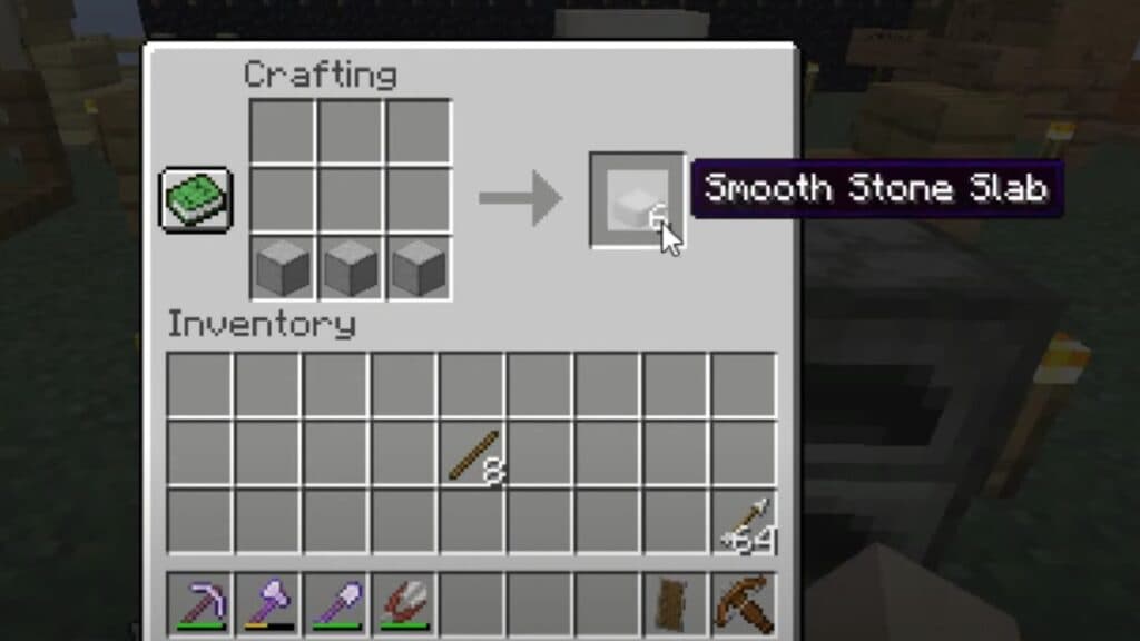 Crafting recipe for a smooth stone slab in Minecraft