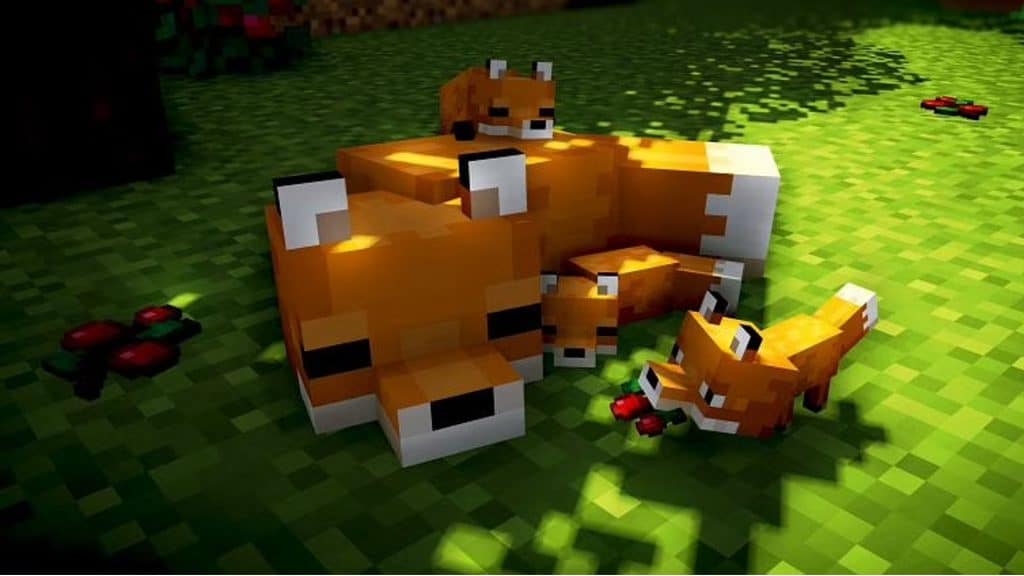 A fox family eating sweet berries in Minecraft