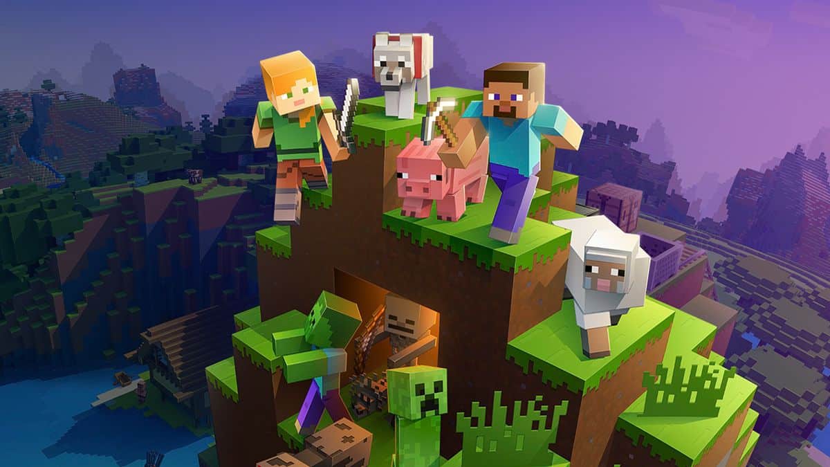 Minecraft characters and animals on a cliff