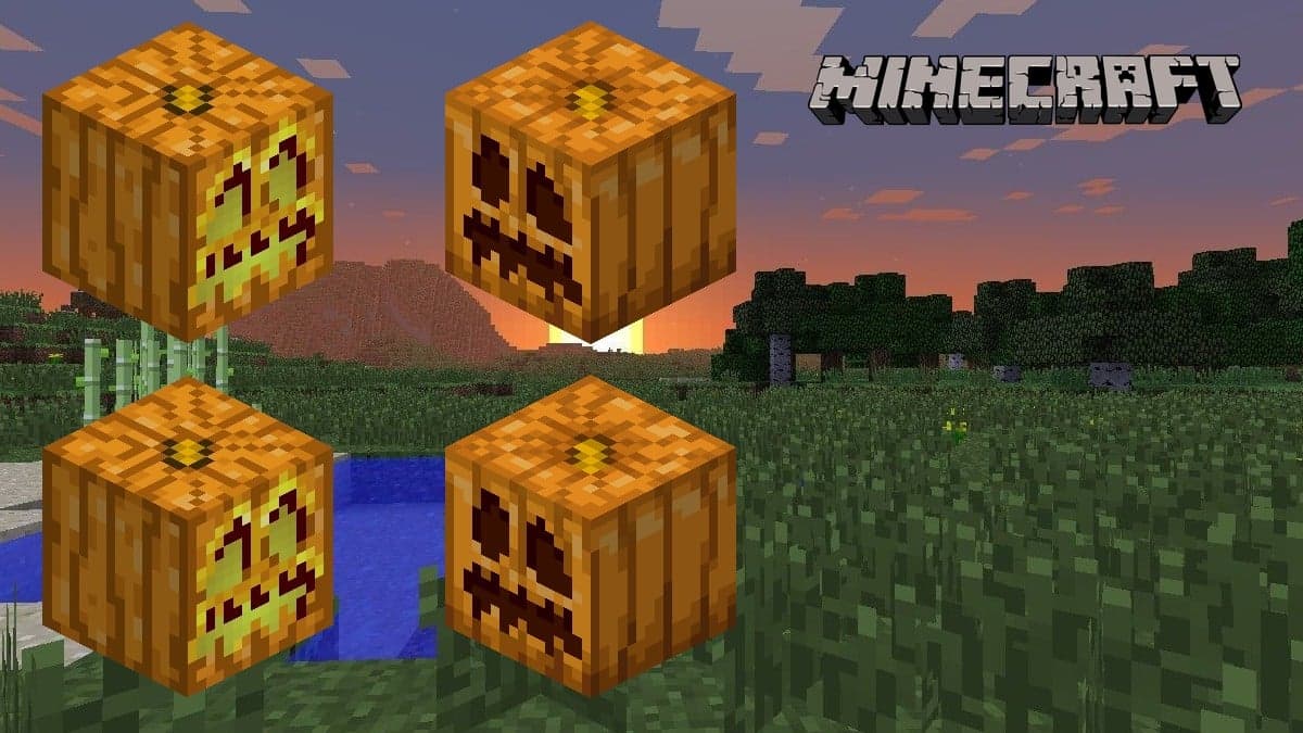 Two pumpkins and two Jack Lanterns in Minecraft