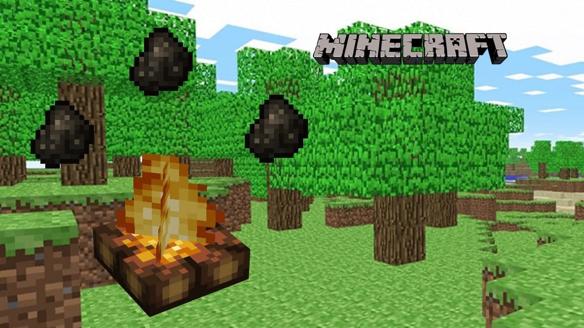 A Minecraft campfire surrounded by pieces of charcoal