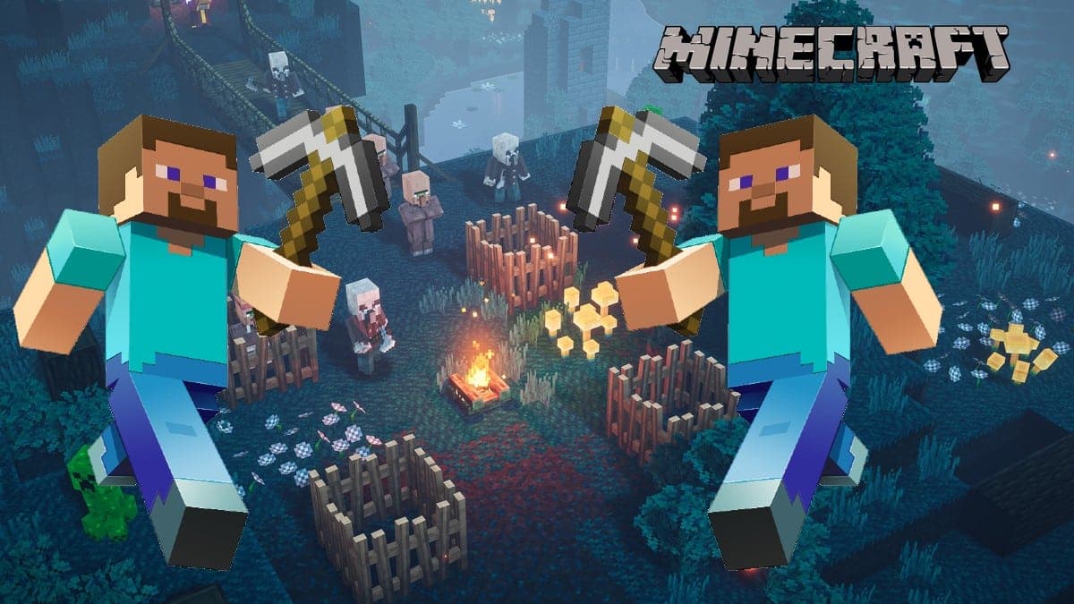 Minecraft character walking with a pickaxe