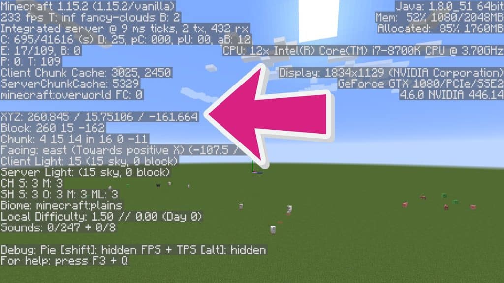 Coordinates displayed on debug screen in Minecraft Java edition