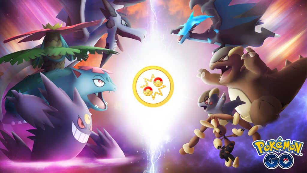 Two teams of Mega Pokemon, evolved through Mega Energy, battling in Pokemon Go