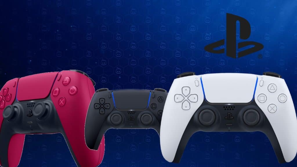 White Black and Cosmic Red PlayStation 5 DualSense controllers