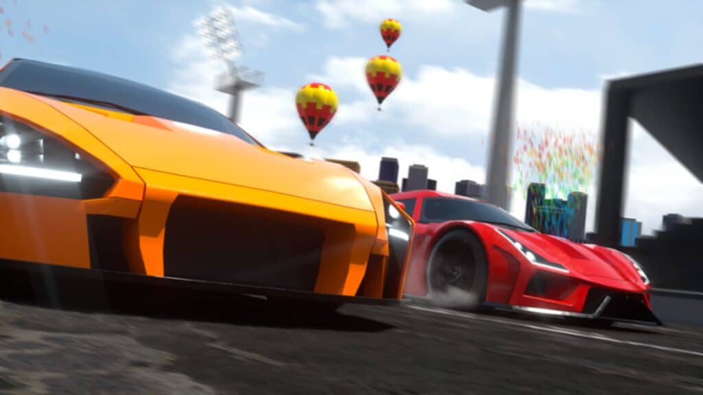 A red and yellow car racing in Roblox Vehicle Legends