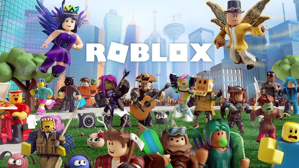 Various Roblox characters around Roblox logo.