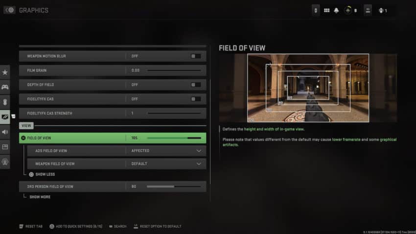 Modern Warfare 2 FOV Slider setting menu