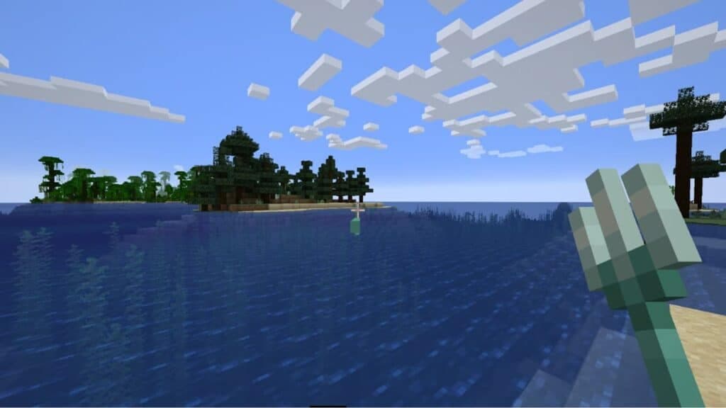 Minecraft player holding a Trident near the shore