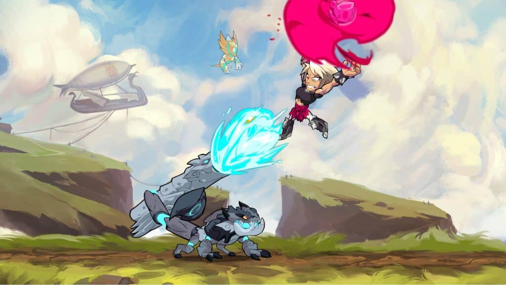 Brawlhalla character performing an attack while moving down