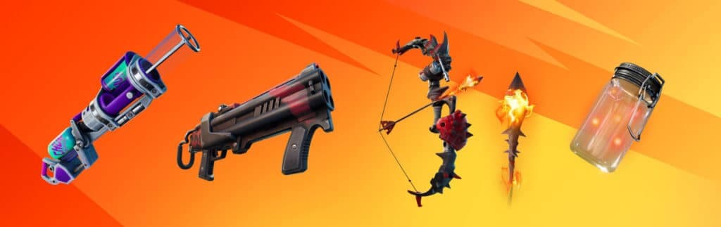 Chug Cannon, Dragon's Breath Shotgun, Primal Flame Bow, and Firefly Jars from Fortnite's Fire with Fire Week