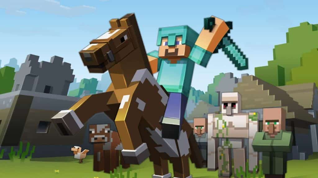 Minecraft character in Diamond armor riding a horse