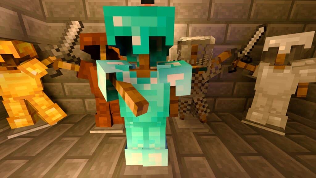 Minecraft characters wearing Gold, Diamond, and iron armors
