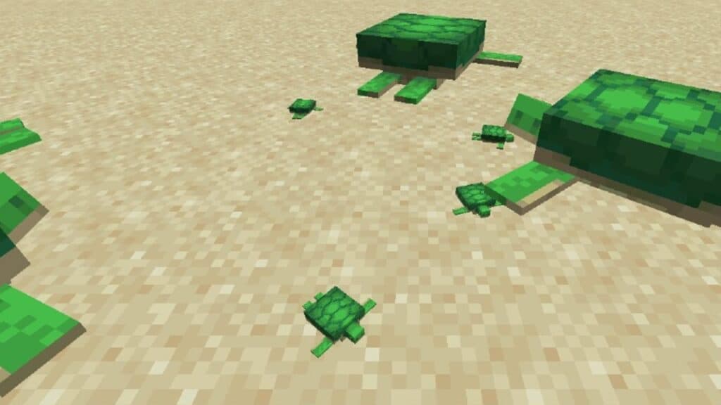 A family of adult and baby turtles in Minecraft