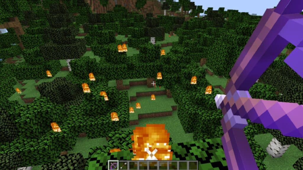 Minecraft player with a bow looking at a burning jungle
