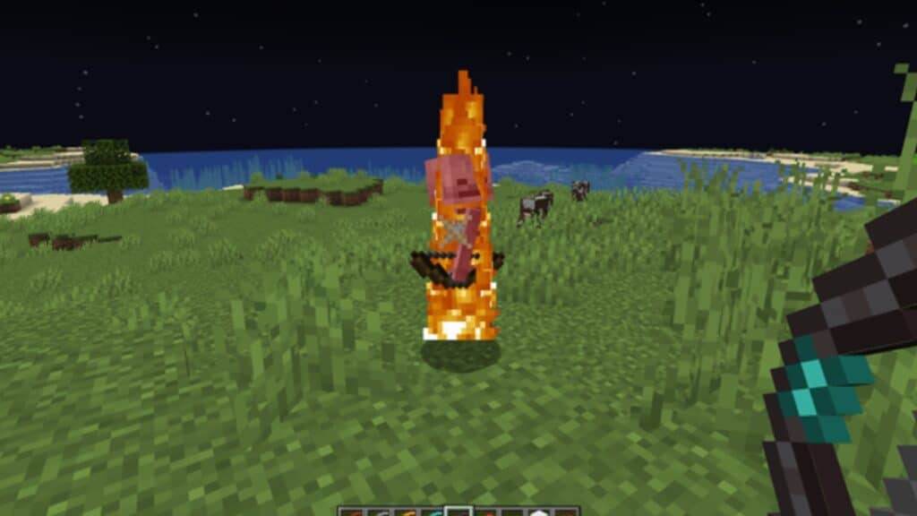 A Minecraft mob burnt with a bow enchanted with Flame