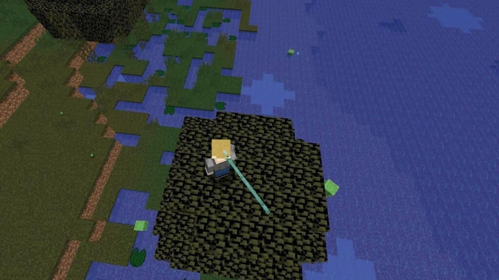 A Minecraft Trident with Loyalty revolving near a player