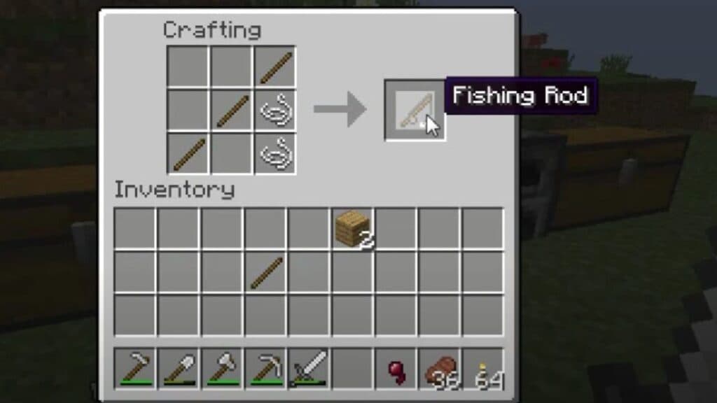 Crafting recipe to make a fishing rod in Minecraft