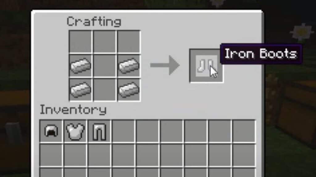 Crafting recipe for iron boots in Minecraft