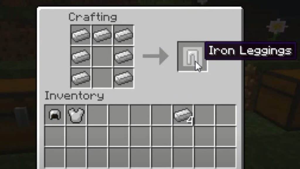 Crafting recipe for iron leggings in Minecraft
