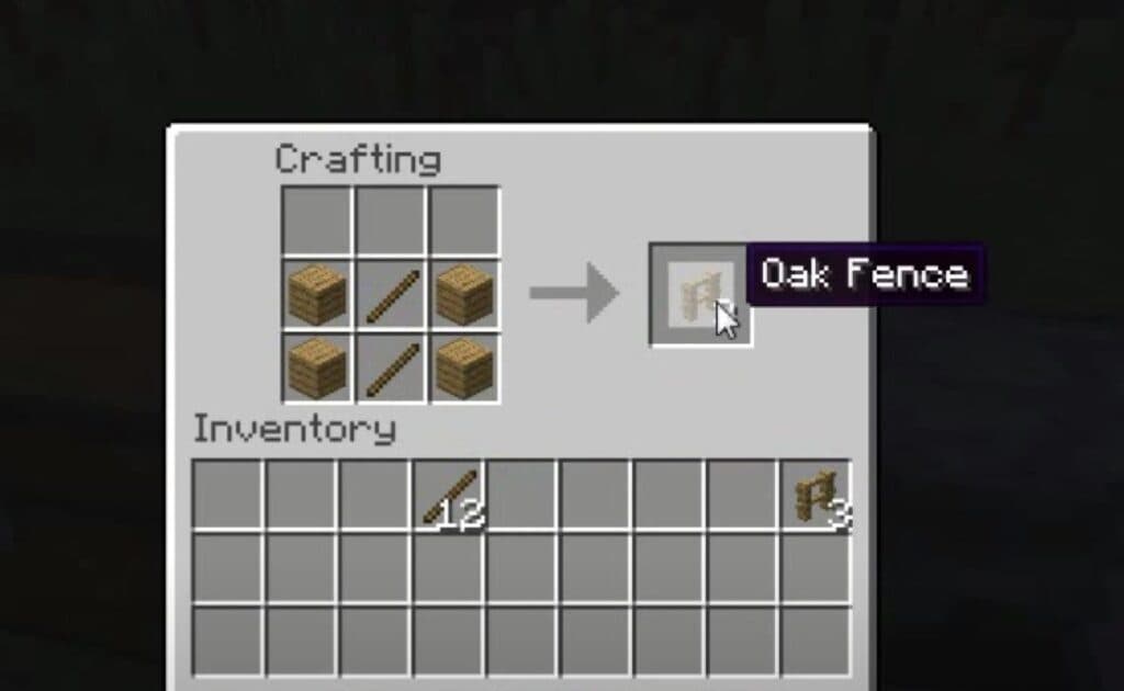 Crafting recipe to make oak fence in Minecraft