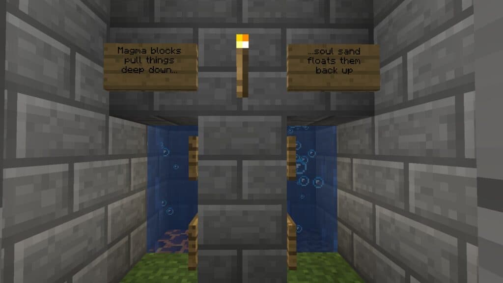Water elevator with signs about Magma block and Soul Sand