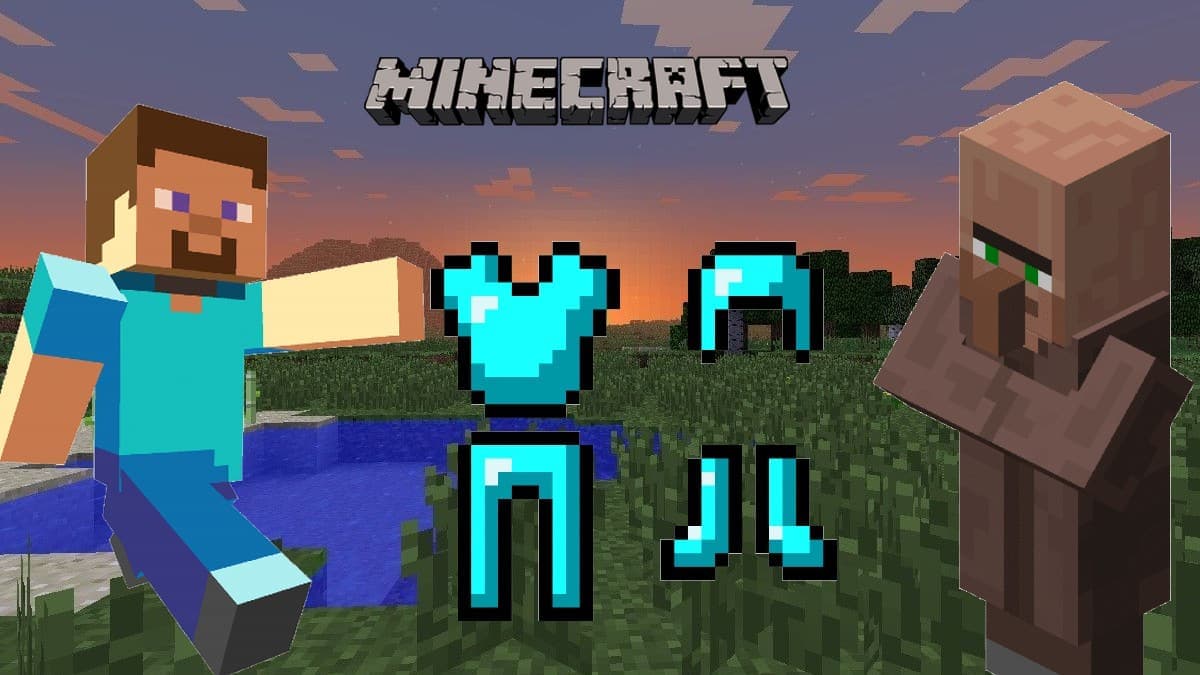 Steve, a Villager, and Diamond Armor in Minecraft