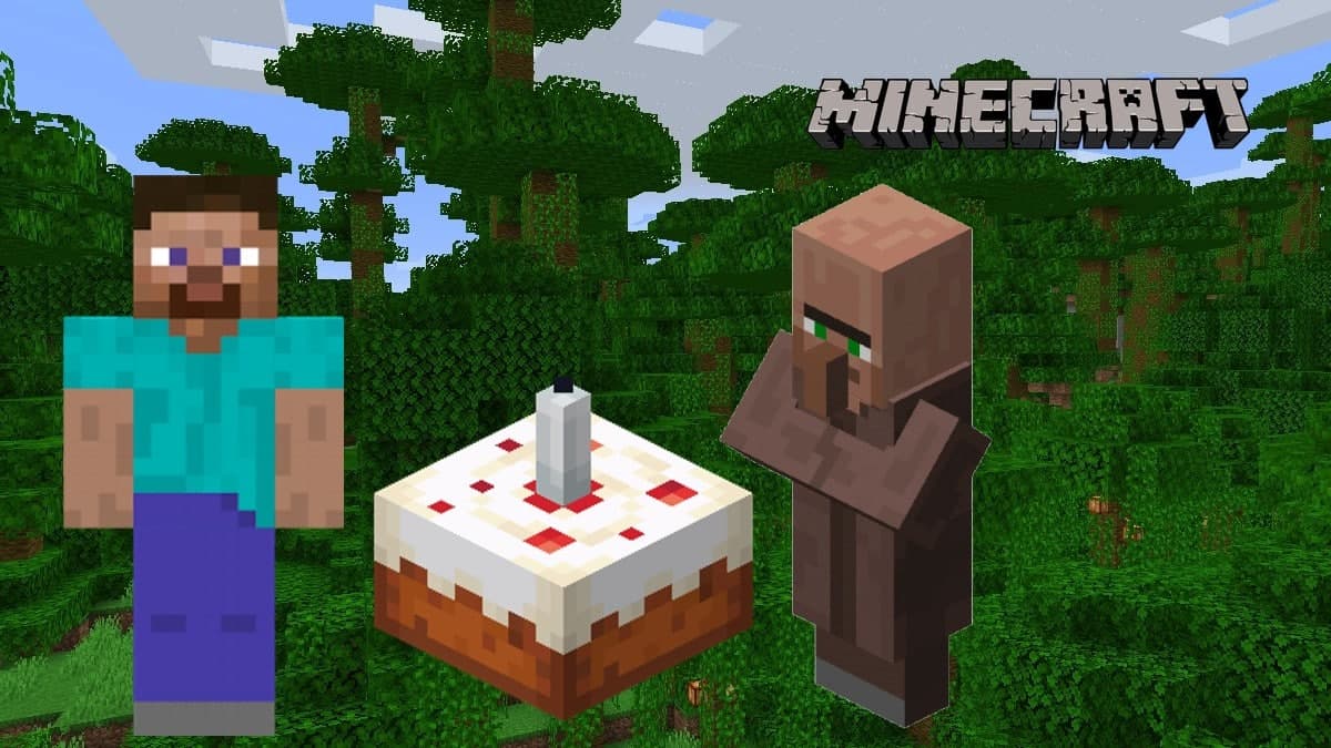 Minecraft villager and Steve with a birthday cake