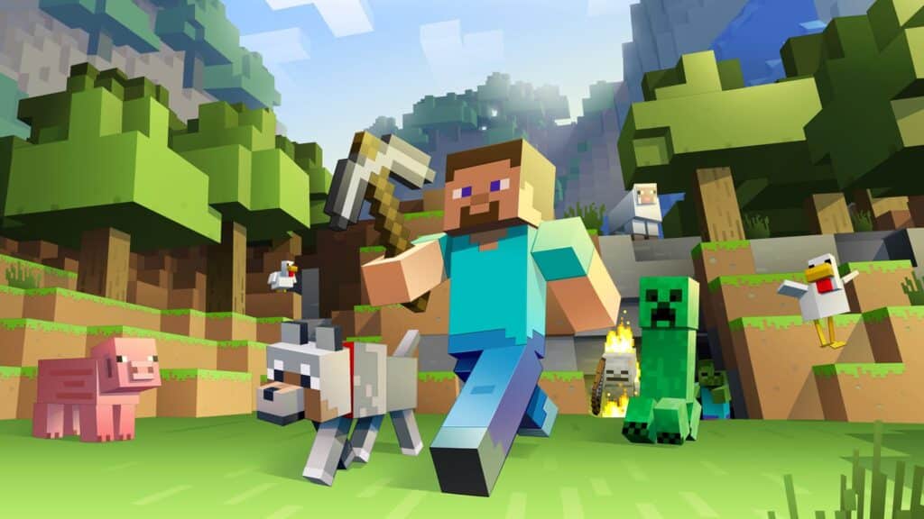 Steve from Minecraft walking with a dog