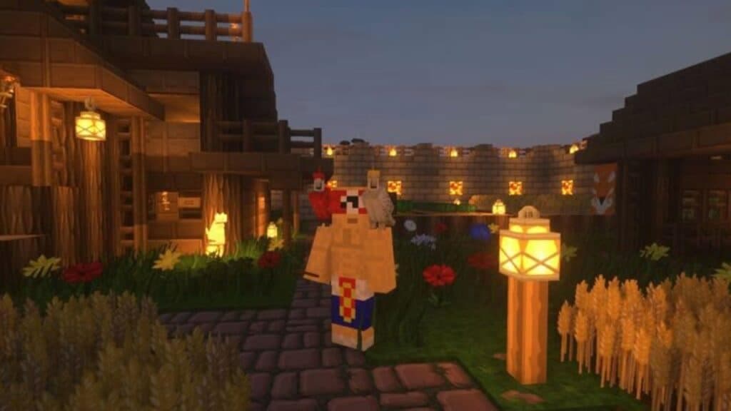 A Minecraft parrot sitting on a player's shoulder