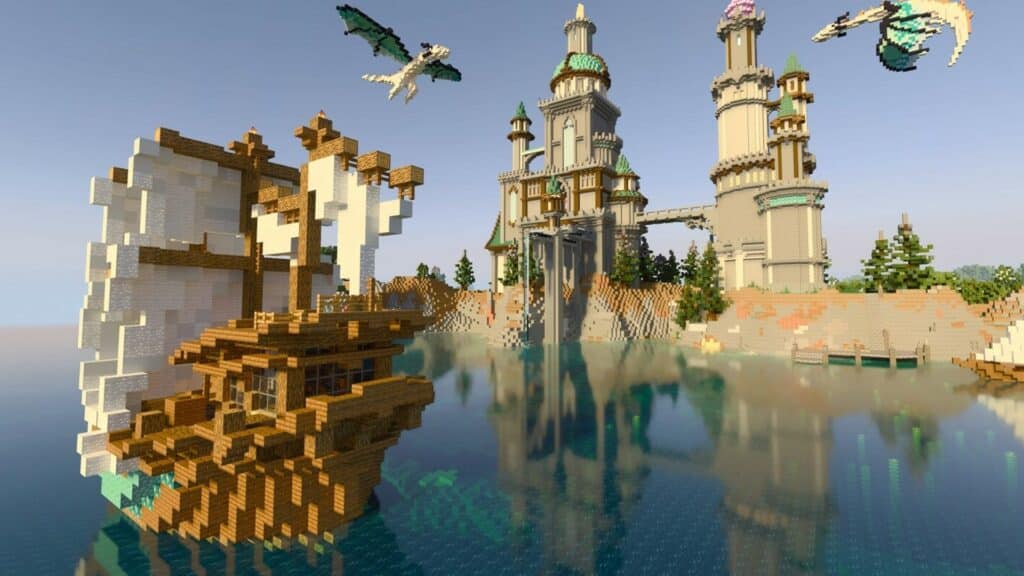 Pixelated Minecraft ship and lighthouses