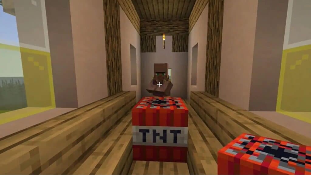 A Minecraft villager in front of a TNT block