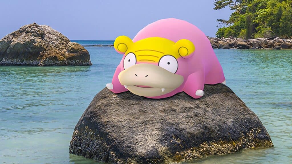 Galarian Slowpoke resting on a rock in Pokemon Go