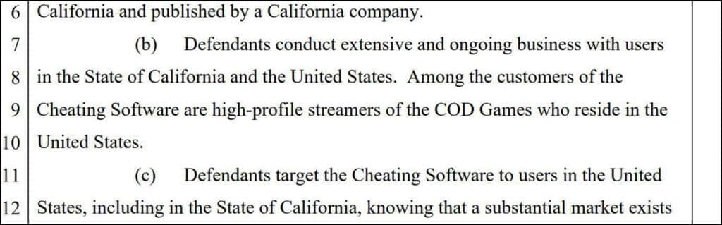 "Excerpt from Activision's lawsuit against cheat-sellers claiming that "high-profile