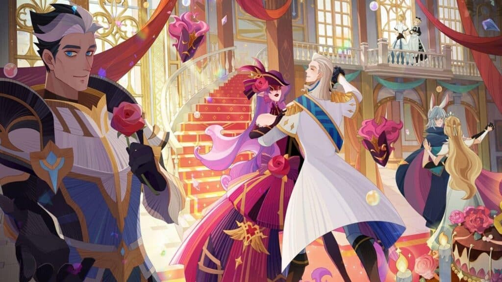AFK Arena official art featuring various characters dancing.