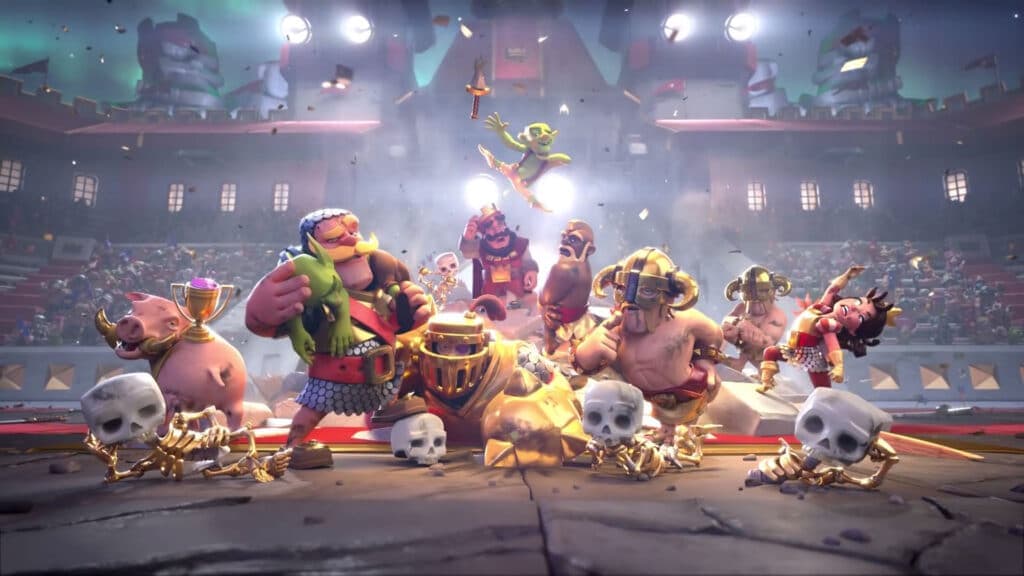 Clash Royale characters in a packed arena