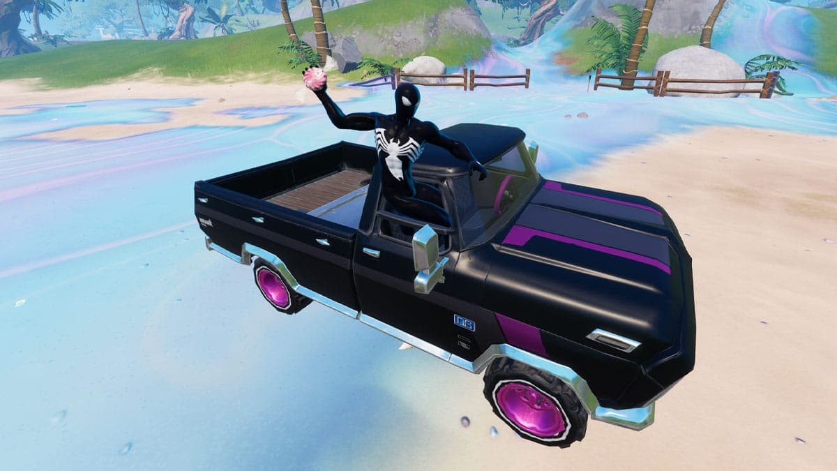 Fortnite character throwing candy from a vehicle