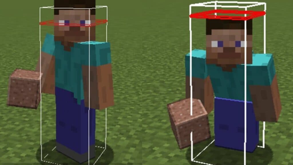 Minecraft characters with their hitboxes and red line of sight