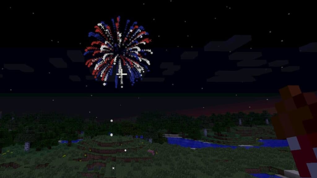 Fireworks explosion in Minecraft at night