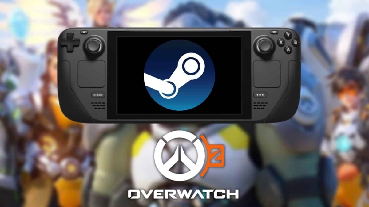 steam deck with steam and overwatch 2 logos