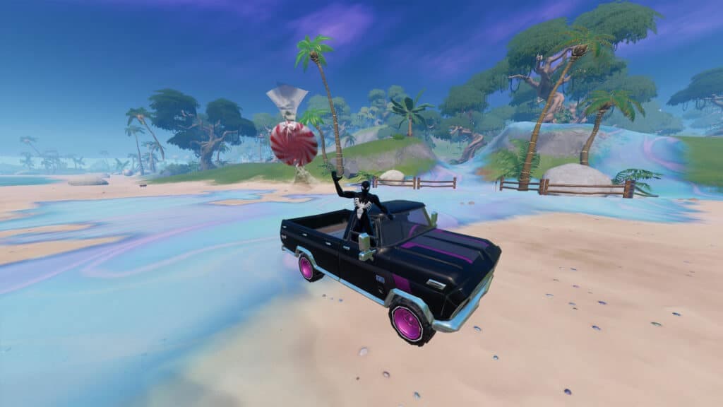 Fortnite player throwing candy from a vehicle for Fortnitemares Quest