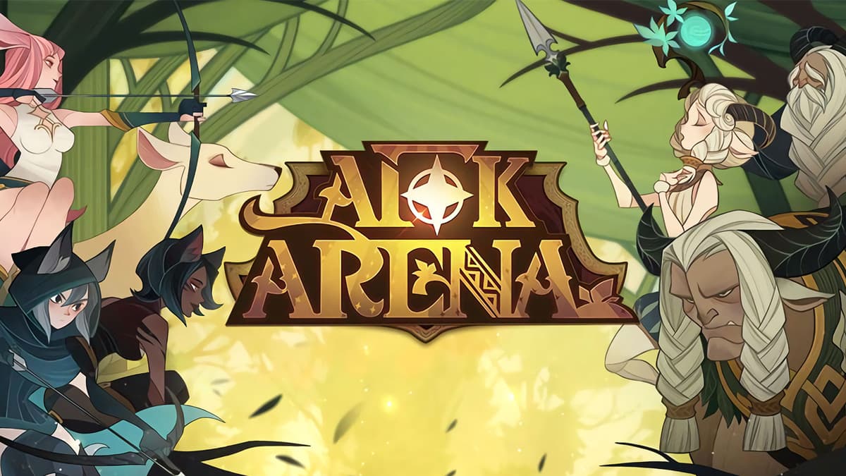 AFK Arena Logo with various characters in background facing each other.