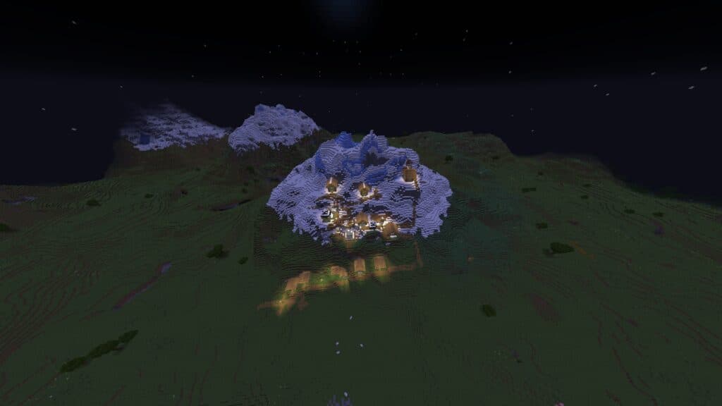 Village located near a frozen peak in Minecraft