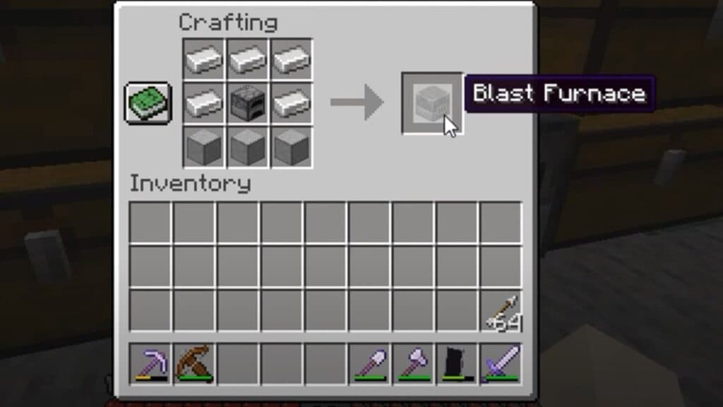 Crafting recipe to make a Blast Furnace in Minecraft