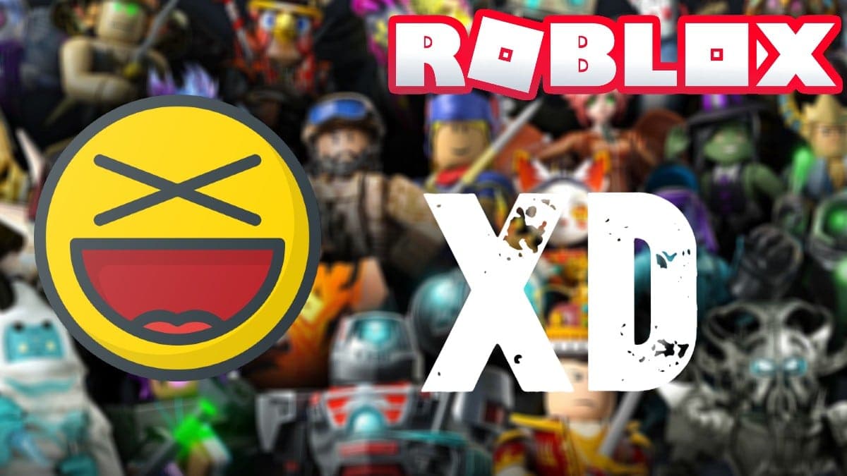 XD with laughing emoji on a Roblox background