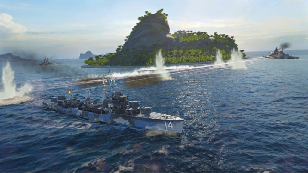 A warship during a war in World of Warships
