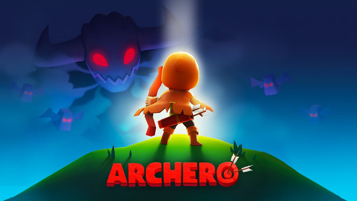 A character standing on a cliff looking at a monster in Archero key art.