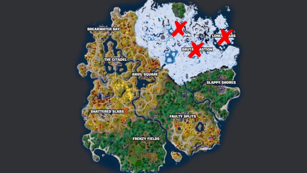 Frosty Firs, Brutal Bastion, and Lonely Labs on Fortnite map