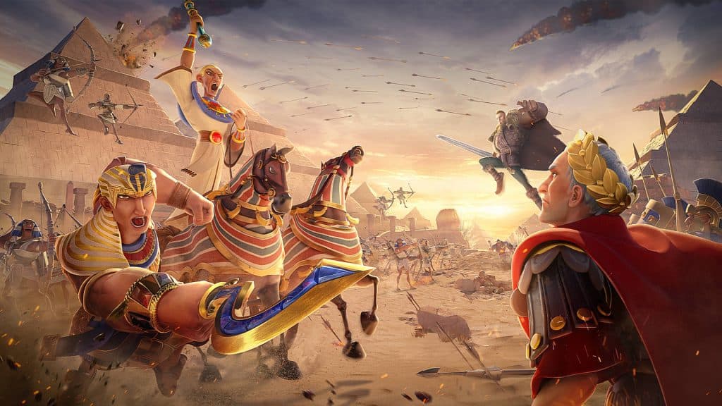 Key art of Egyptian soldiers fighting in Rise of Kingdoms.